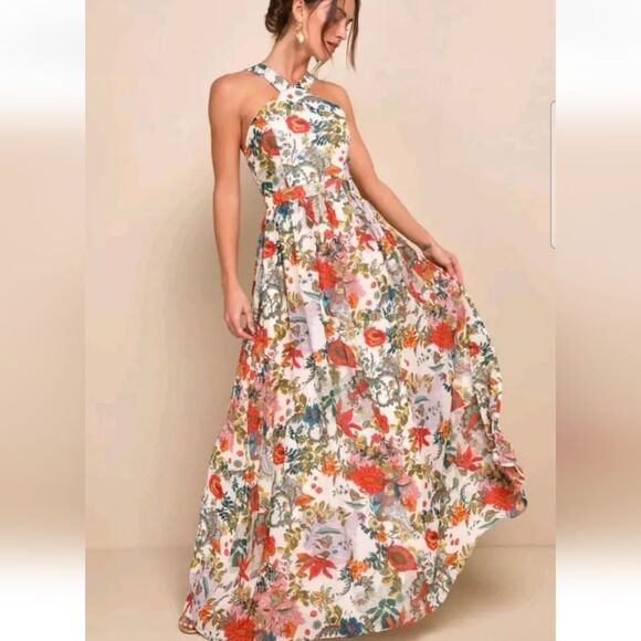 Lulus Dresses & Skirts - Lulus Lulus Lilja Cream Floral Print Chiffon Maxi Dress Size Small NWT